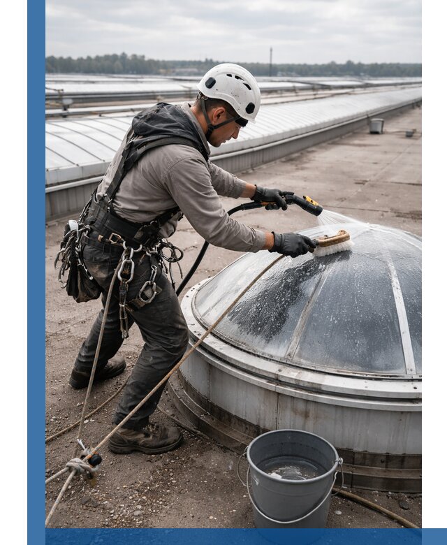 Мойка зенитных фонарей на кровле для промышленных объектов в Тайшете