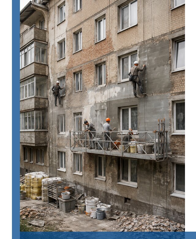 Капитальный ремонт фасада в Тайшете с восстановлением и гидроизоляцией