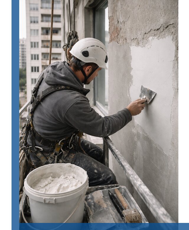 Шпаклевка фасадов на высоте с промальпинистами в Тайшете