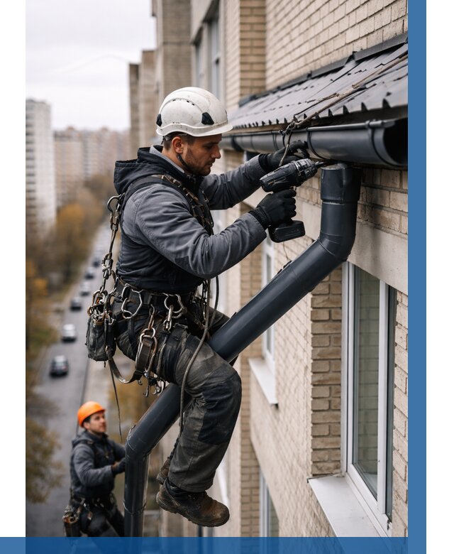 Монтаж водосточной системы на здании в Тайшете от 5193 р. | ВЫСОТНИК-Тшт