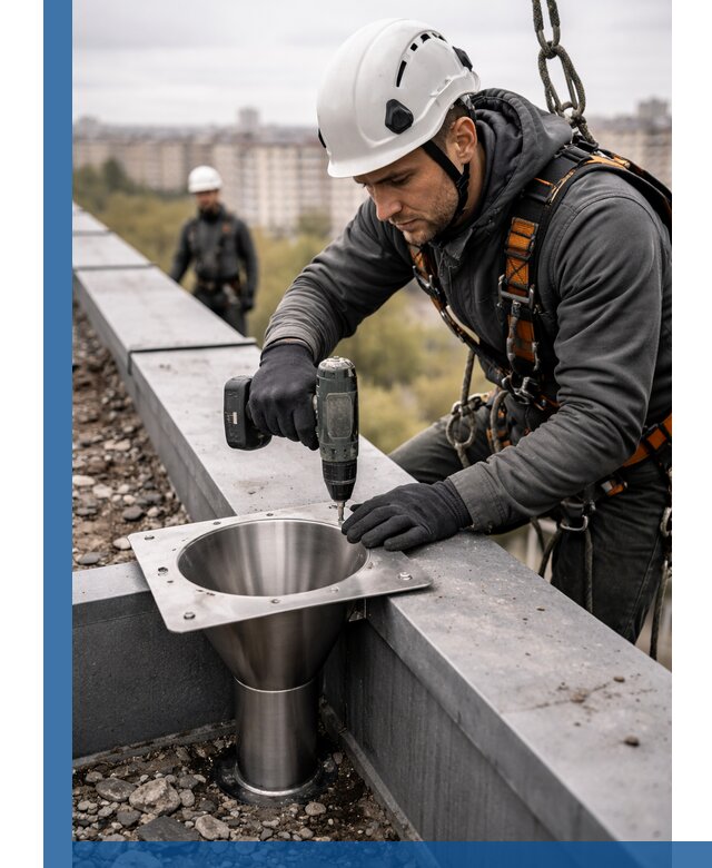 Монтаж водосточных воронок в Тайшете для промышленных зданий