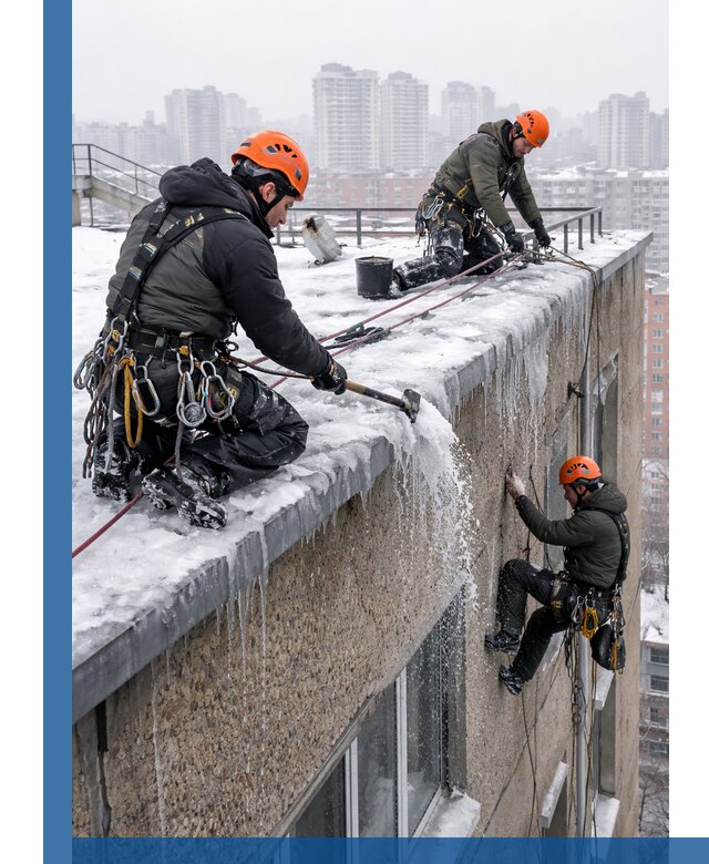 Удаление наледи с кровли в Тайшете промышленными альпинистами