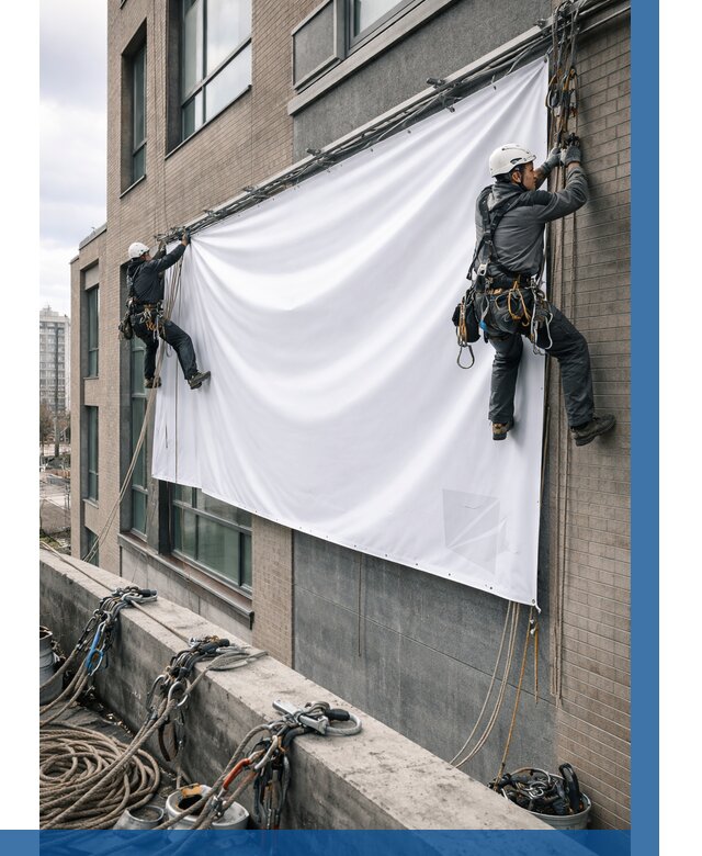 Монтаж баннеров на фасаде в Тайшете от 675 р. заказать ВЫСОТНИК-Тшт