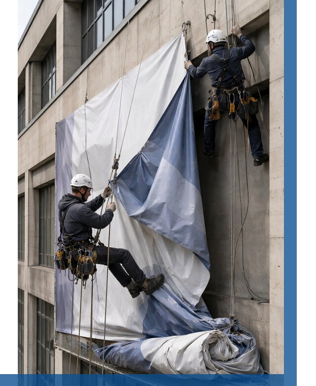 Демонтаж баннеров с фасада в Тайшете от 4673 р. | ВЫСОТНИК-Тшт