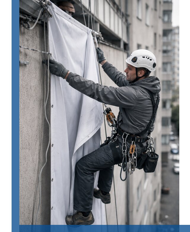 Замена баннерного полотна промышленными альпинистами в Тайшете