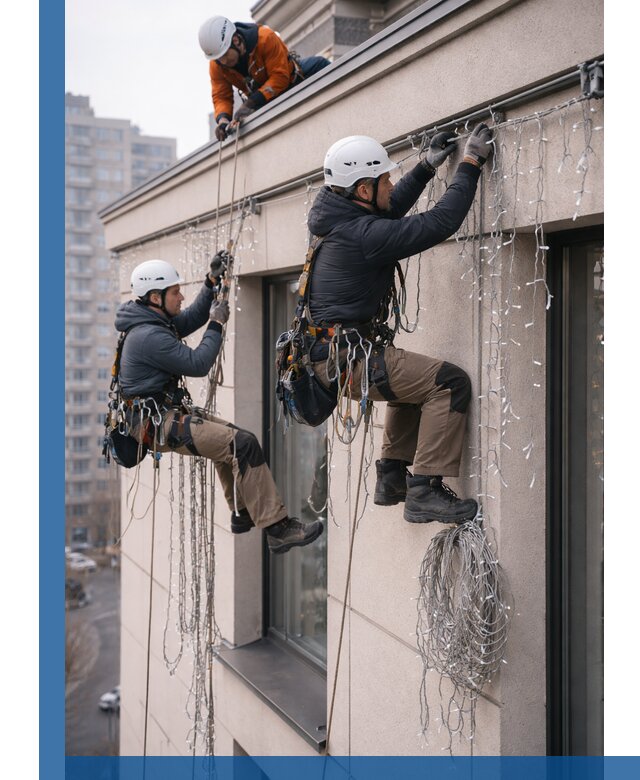 Монтаж праздничных гирлянд на фасаде в Тайшете для зданий