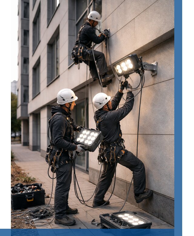 Монтаж прожекторов на фасаде в Тайшете от 7789 р. | ВЫСОТНИК-Тшт