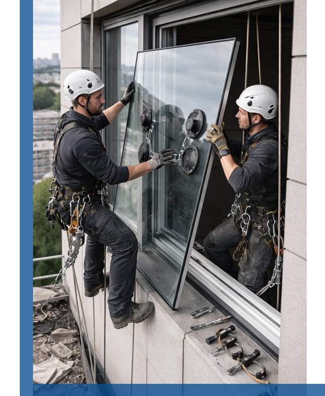 Замена стеклопакетов на высоте с промышленными альпинистами в Тайшете