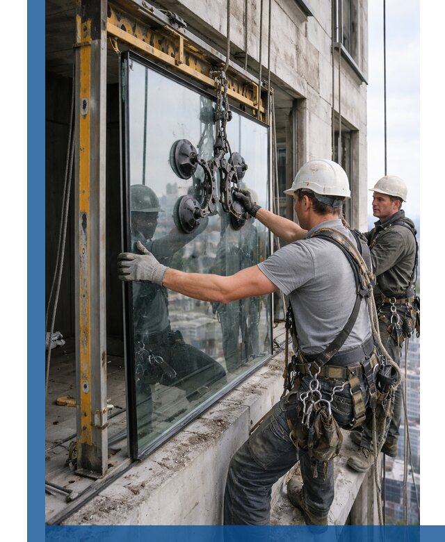 Монтаж стеклопакетов на высоте в Тайшете с промышленным альпинизмом