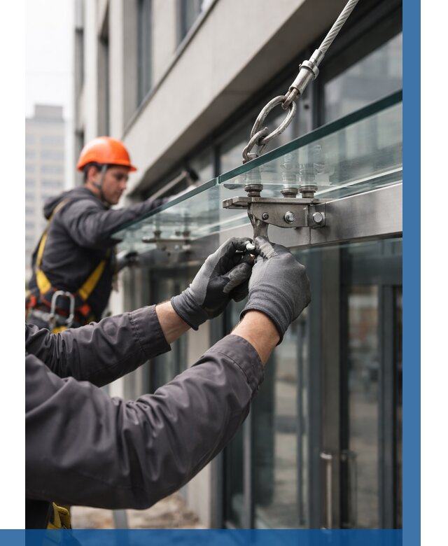 Монтаж стеклянных козырьков в Тайшете от 8827 р. | ВЫСОТНИК-Тшт