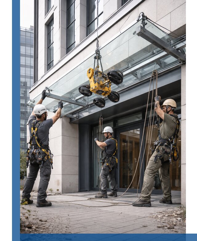 Монтаж стеклянных козырьков под ключ в Тайшете для зданий