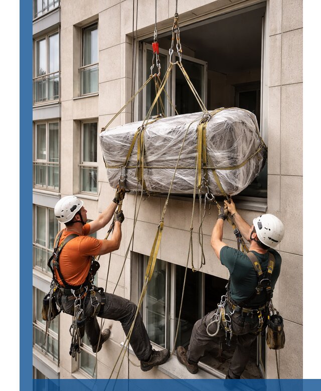 Подъем грузов через окно в Тайшете промышленными альпинистами